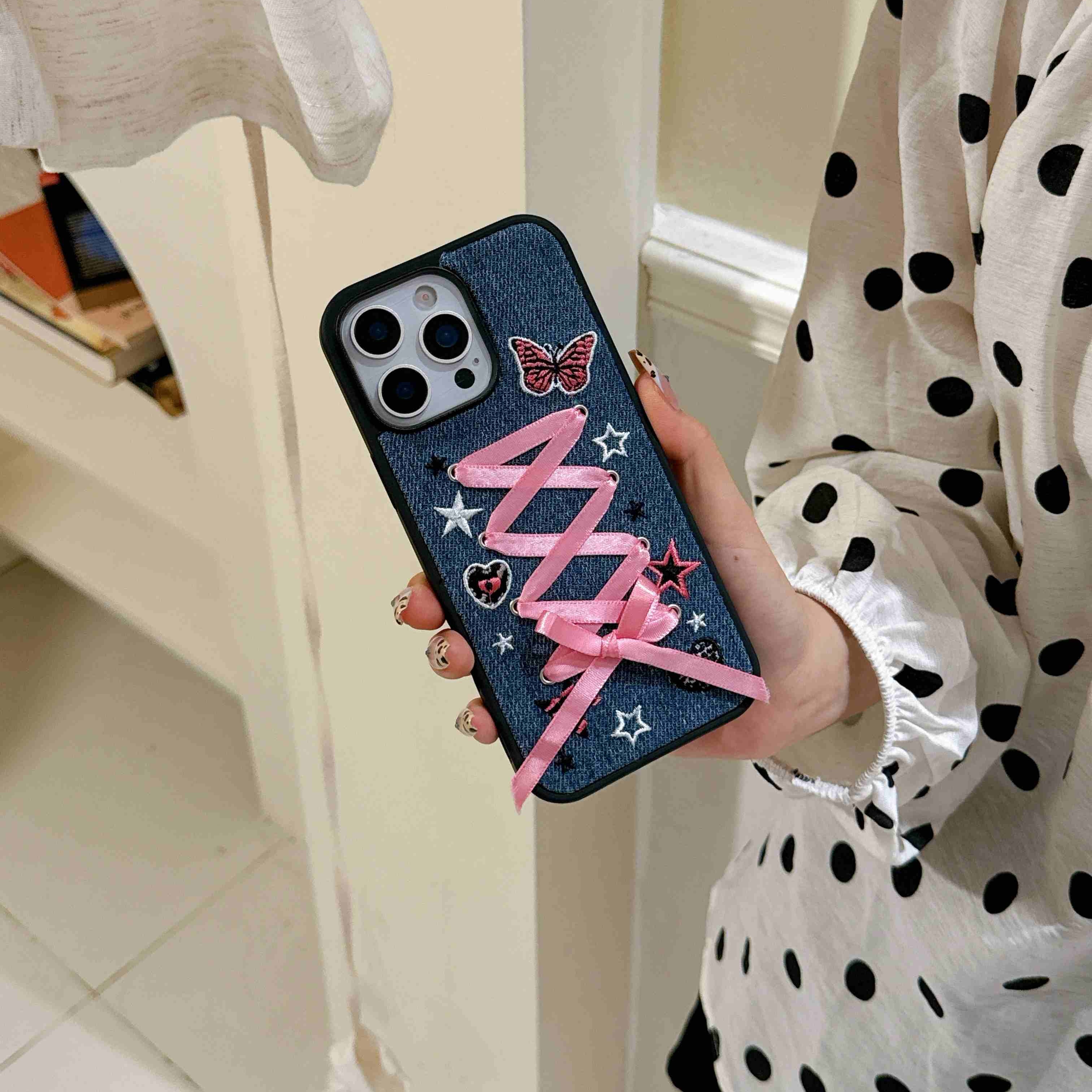 ins甜妹牛仔布粉蝴蝶结苹果16promax手机壳适用iPhone15pro防摔套14软壳全包13新款16少女