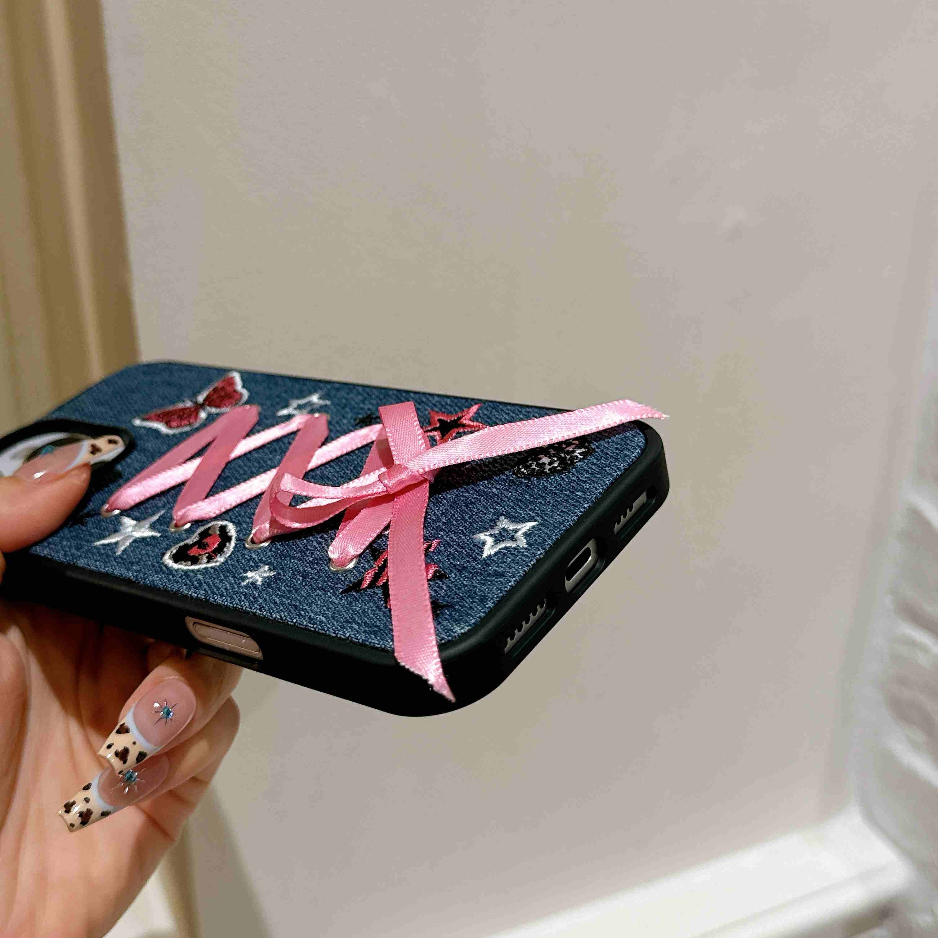 ins甜妹牛仔布粉蝴蝶结苹果16promax手机壳适用iPhone15pro防摔套14软壳全包13新款16少女 - 图片 5