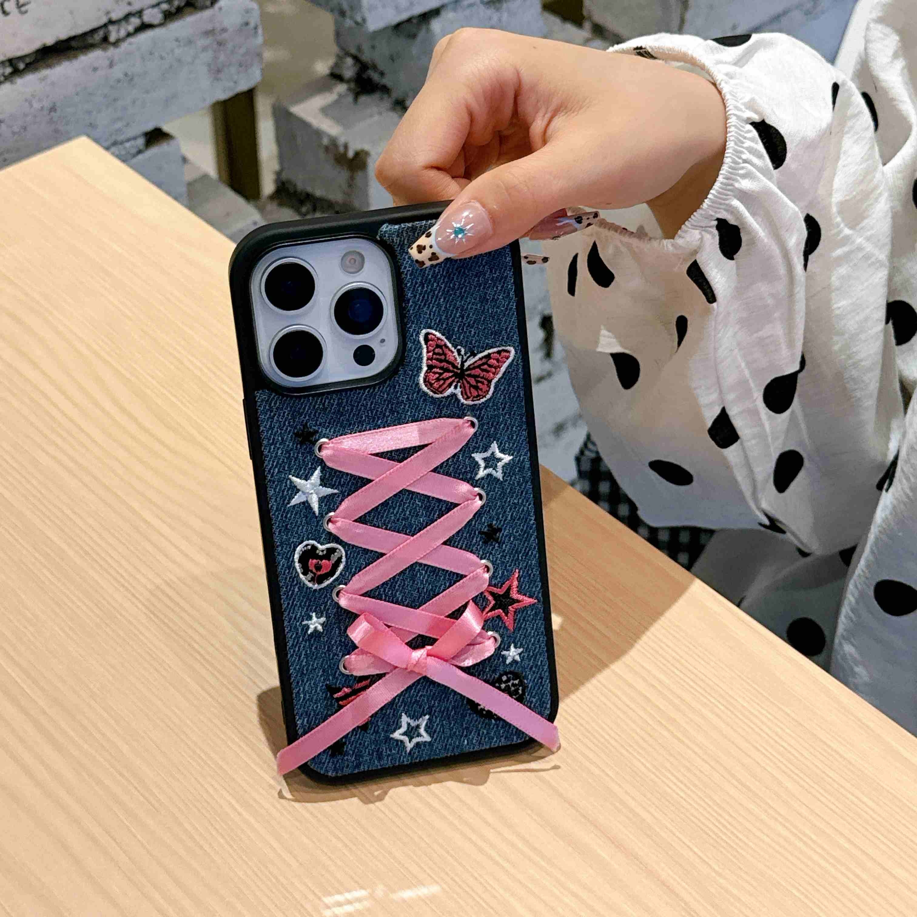 ins甜妹牛仔布粉蝴蝶结苹果16promax手机壳适用iPhone15pro防摔套14软壳全包13新款16少女 - 图片 4