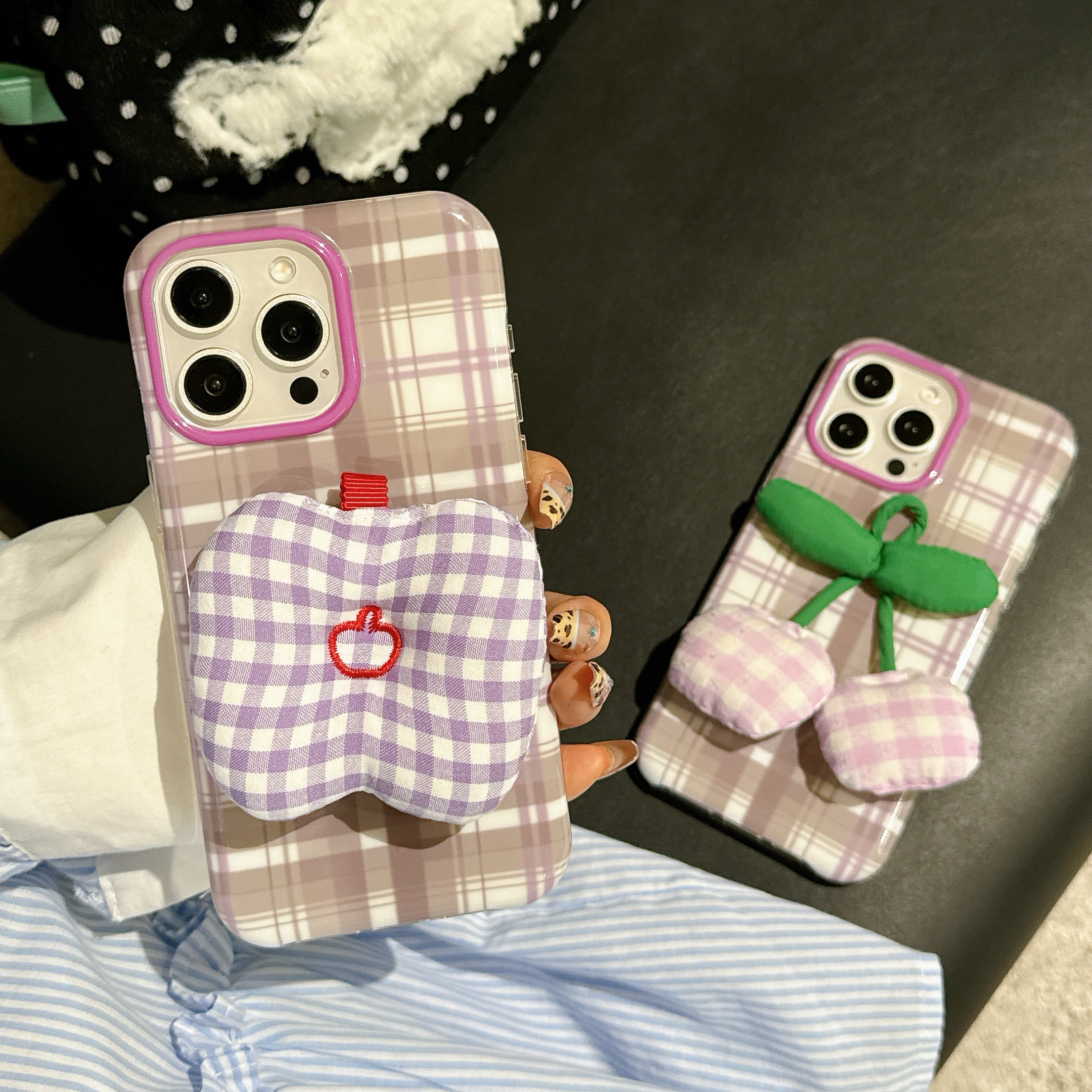 紫格纹樱桃适用于苹果16promax手机壳16新款iphone15pro可爱14pm立体配件13防摔15小众14少女心 - 图片 2