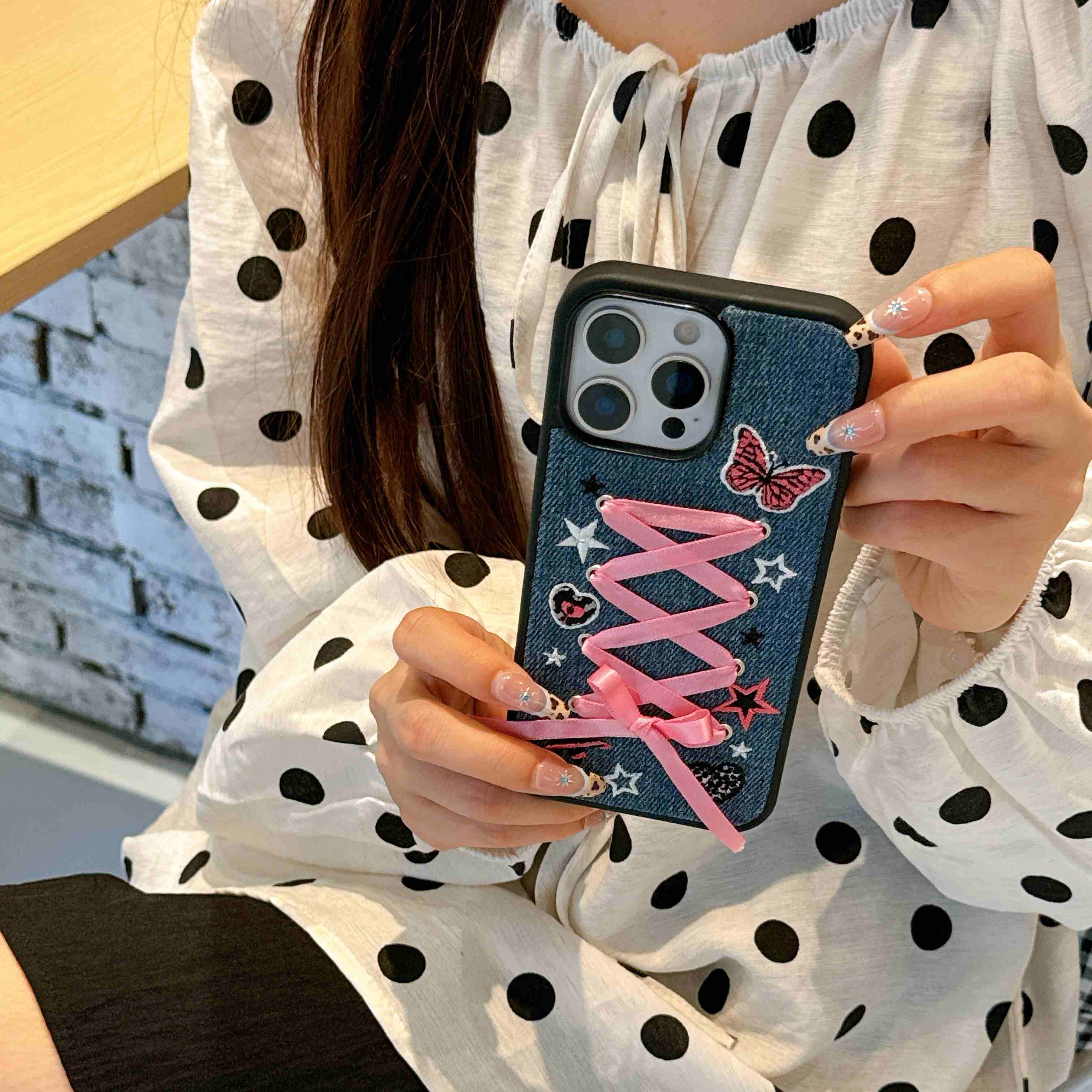 ins甜妹牛仔布粉蝴蝶结苹果16promax手机壳适用iPhone15pro防摔套14软壳全包13新款16少女 - 图片 2