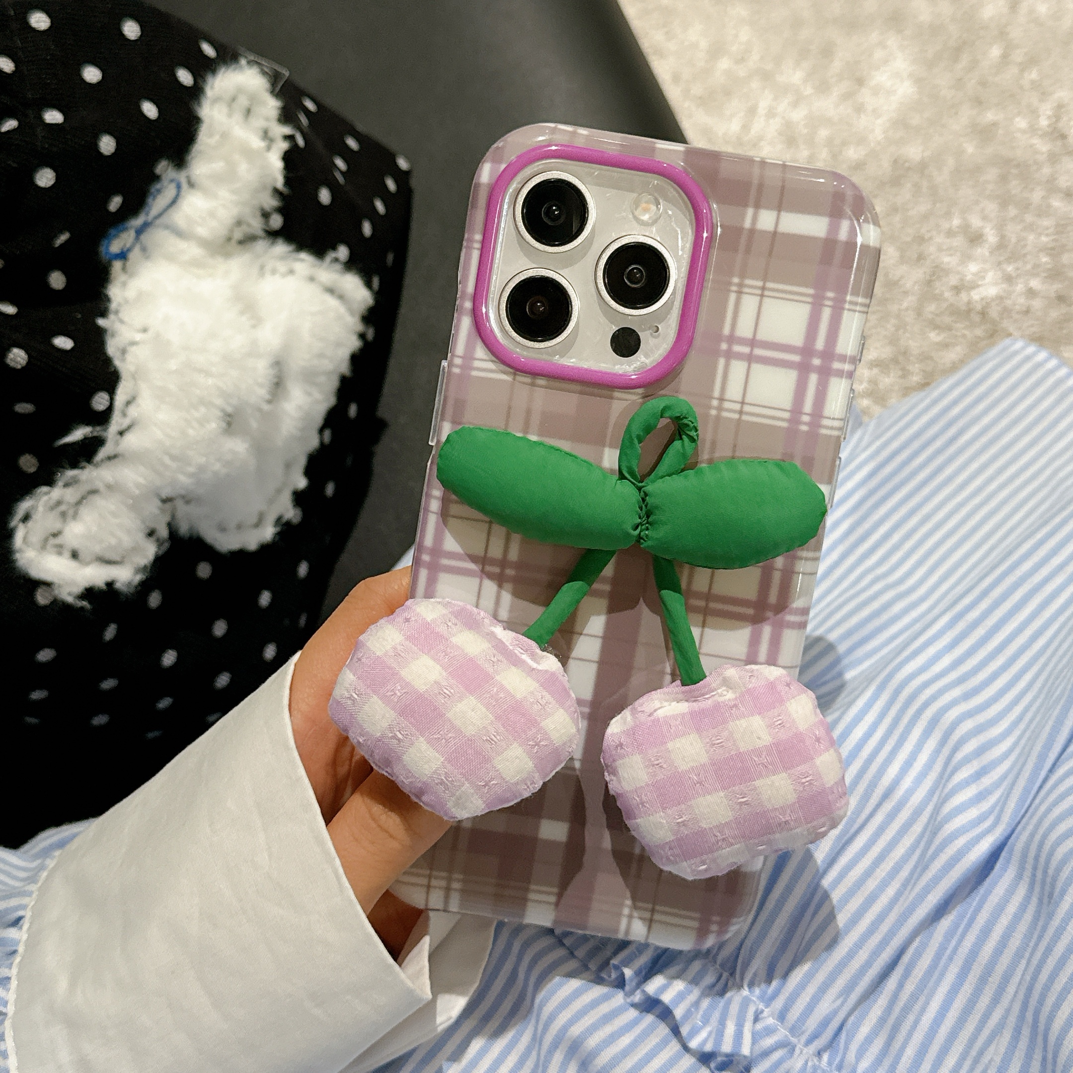 紫格纹樱桃适用于苹果16promax手机壳16新款iphone15pro可爱14pm立体配件13防摔15小众14少女心 - 图片 9