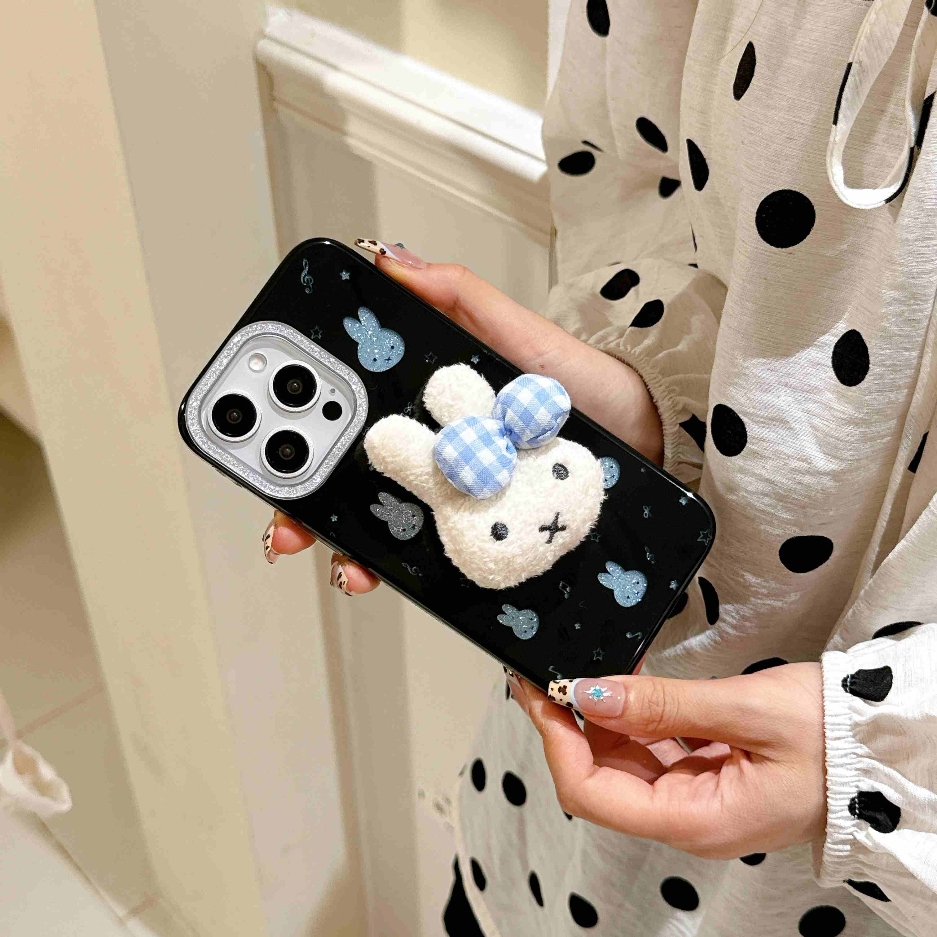 韩系ins闪粉蓝米菲兔可爱支架适用iPhone17promax手机壳苹果15新款16少女黑14/16pro防摔全包 - 图片 3