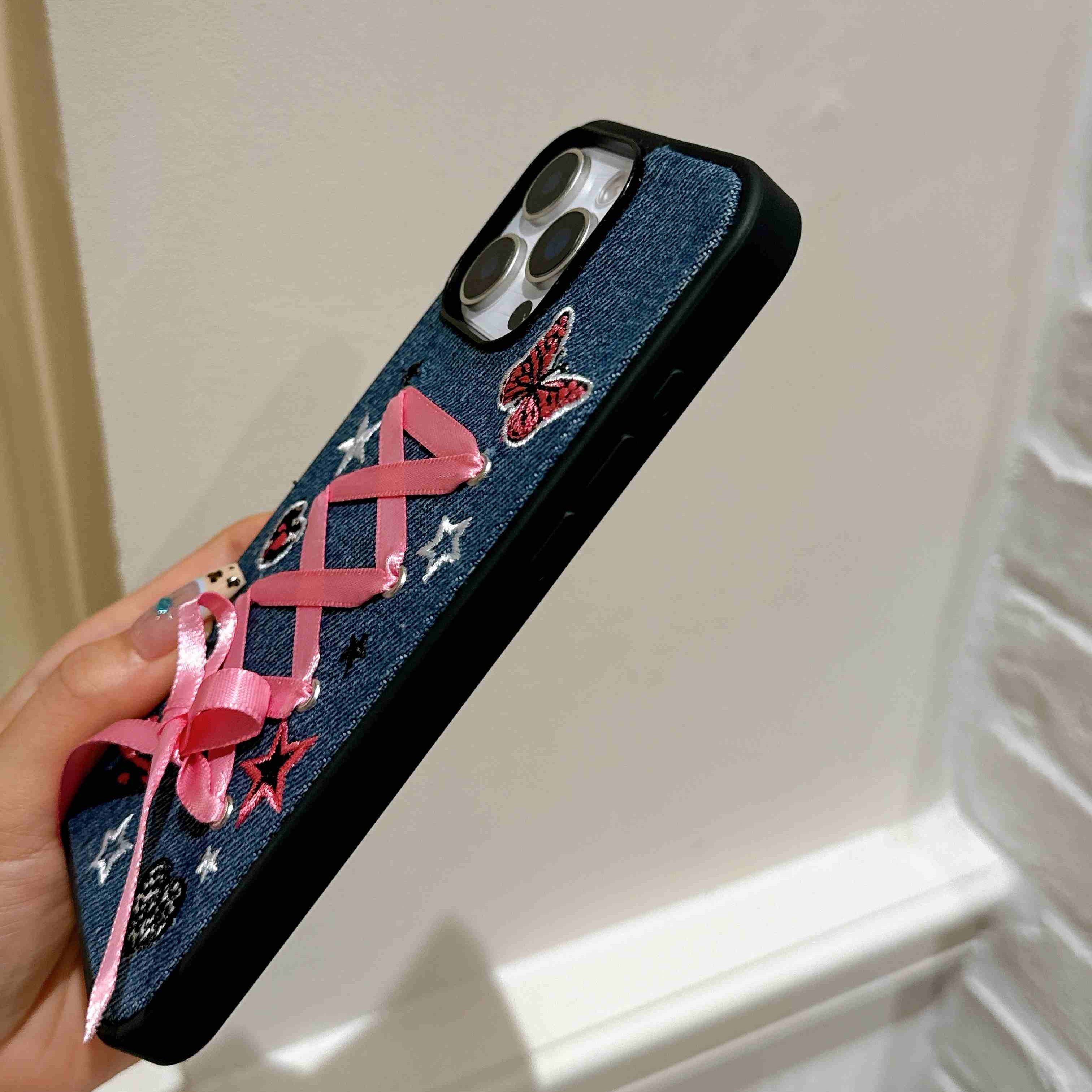 ins甜妹牛仔布粉蝴蝶结苹果16promax手机壳适用iPhone15pro防摔套14软壳全包13新款16少女 - 图片 7