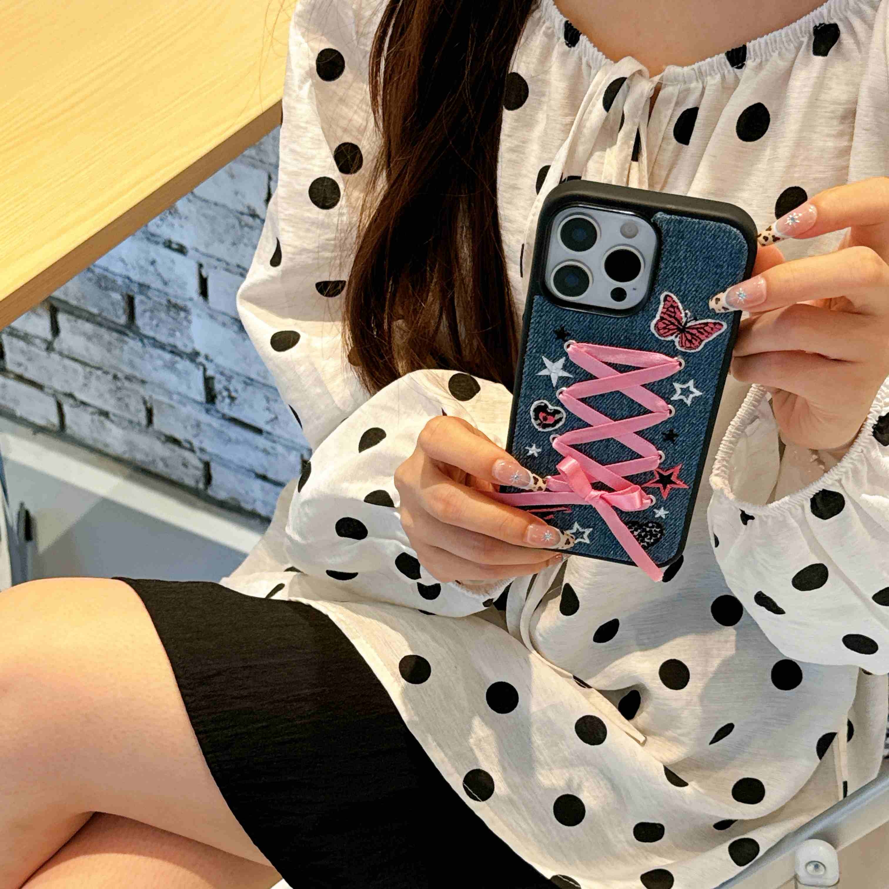 ins甜妹牛仔布粉蝴蝶结苹果16promax手机壳适用iPhone15pro防摔套14软壳全包13新款16少女 - 图片 3