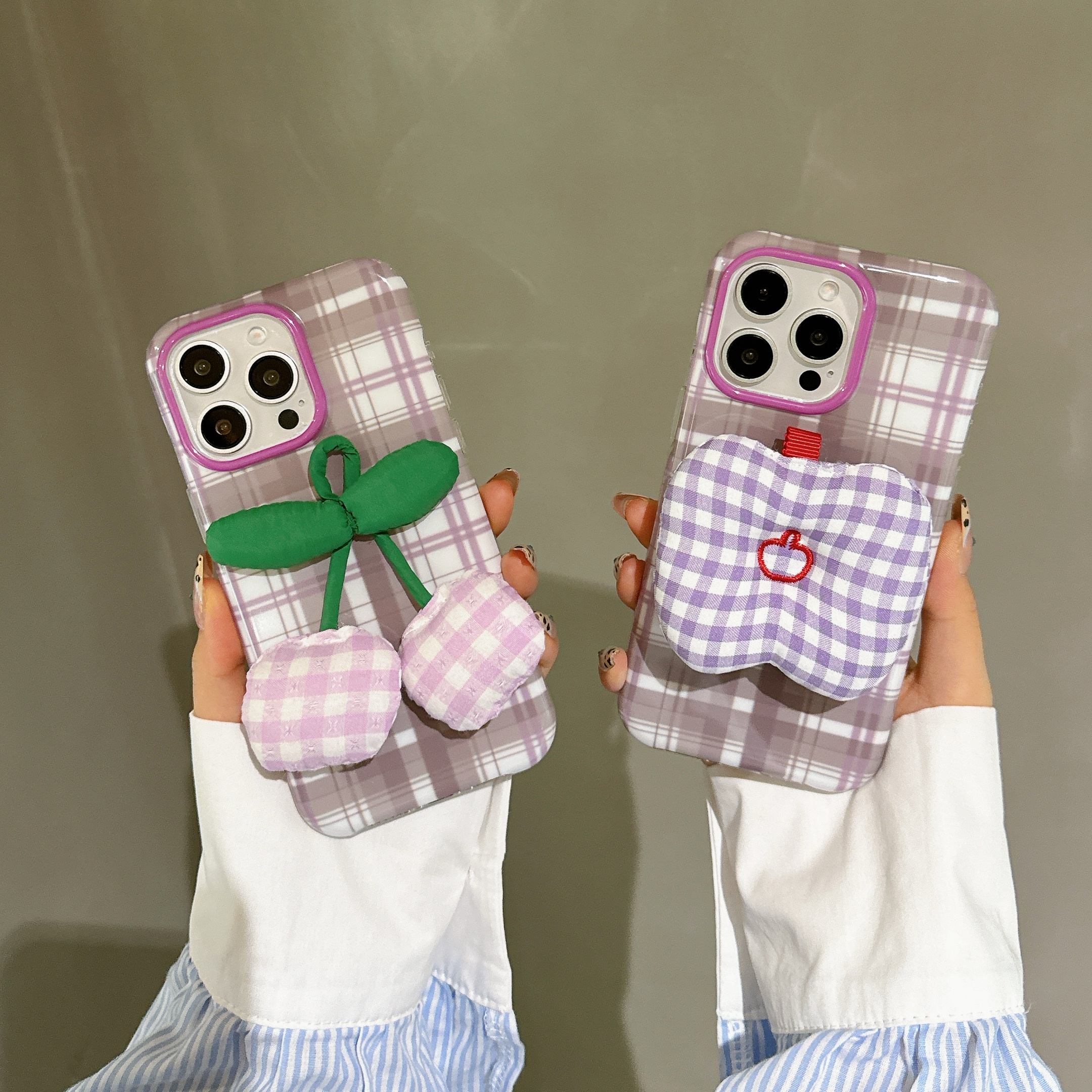 紫格纹樱桃适用于苹果16promax手机壳16新款iphone15pro可爱14pm立体配件13防摔15小众14少女心 - 图片 3