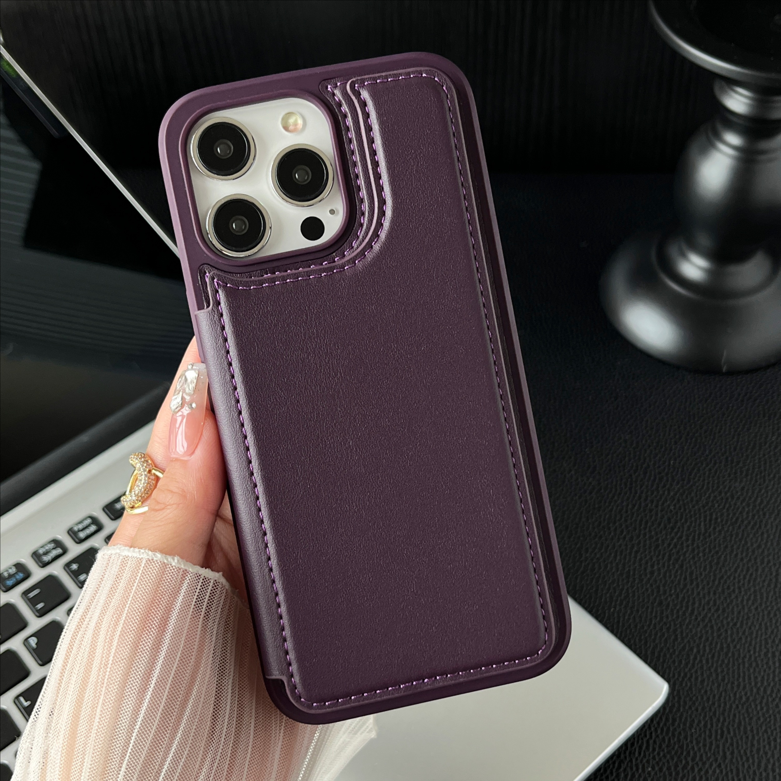 适用苹果15Promax手机壳卡包贴皮支架iphone15pro高级感皮革保护套14p新款13商务男士女12地铁门禁银行卡plus - 图片 4