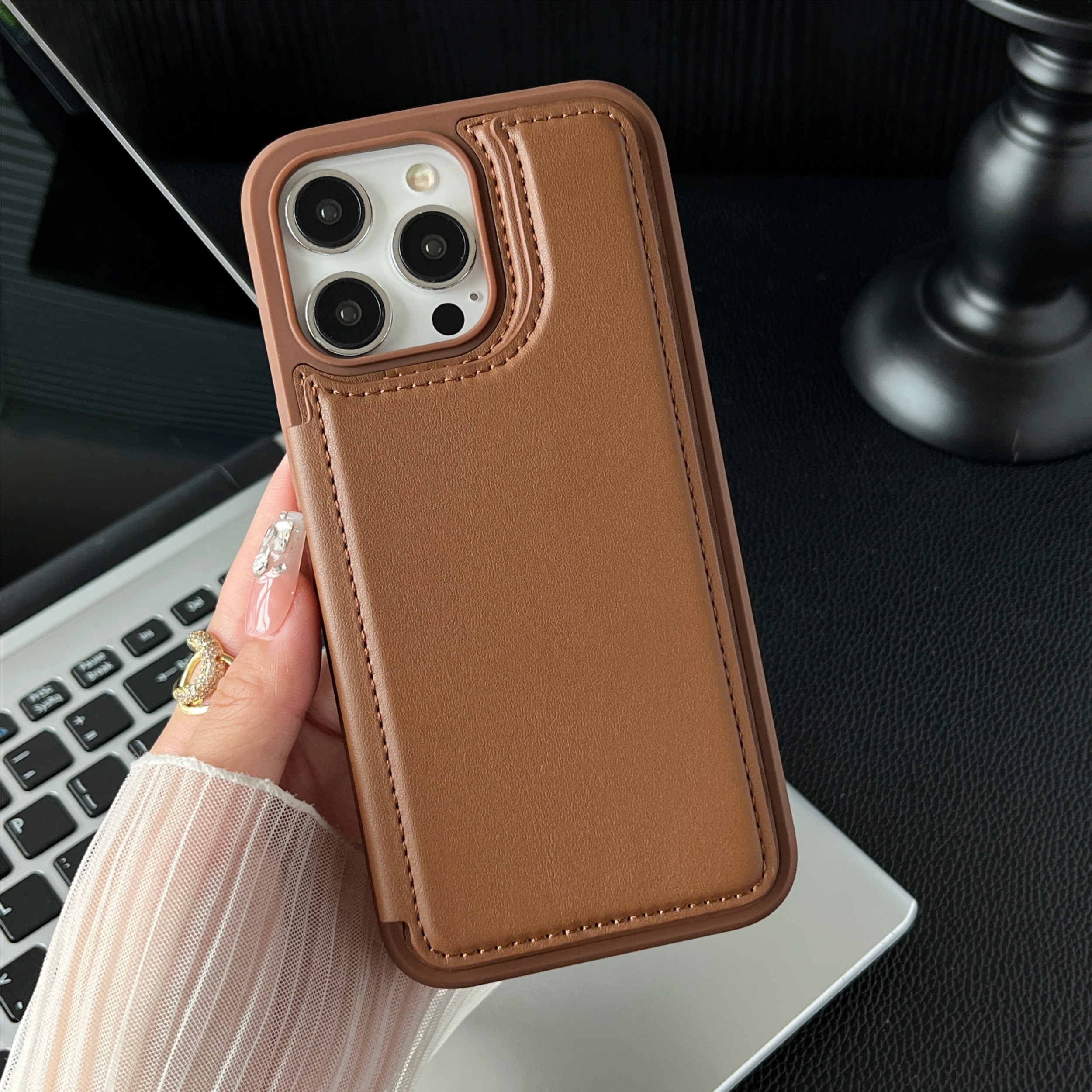 适用苹果15Promax手机壳卡包贴皮支架iphone15pro高级感皮革保护套14p新款13商务男士女12地铁门禁银行卡plus - 图片 9